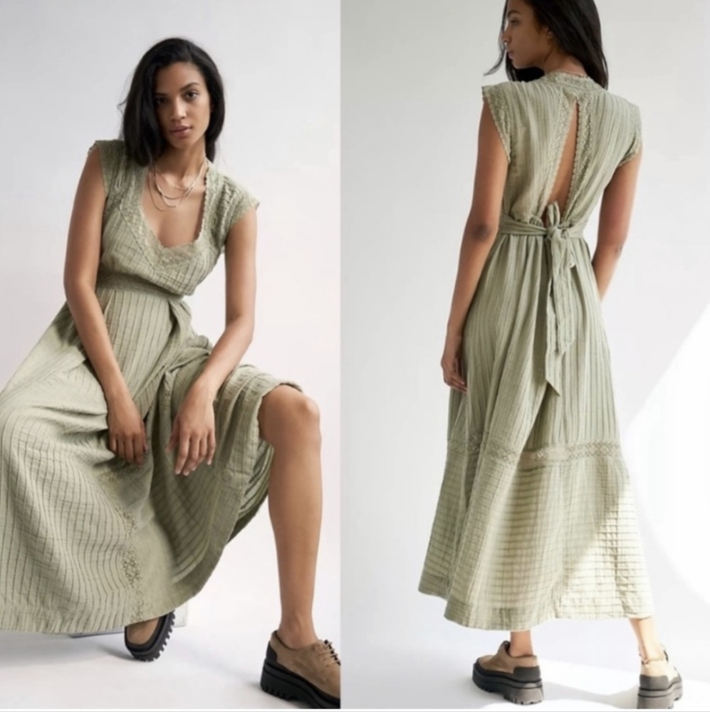Free People Sweet Annie Midi Dress In Green Size Medium Boho Cottagecore